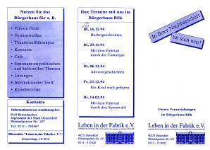 "In Ihrer Nachbarschaft tut sich was!" - Flyer mit den Veranstaltungen des Vereins Leben in der Fabrik im Brgerhaus Bilk - Auenseite