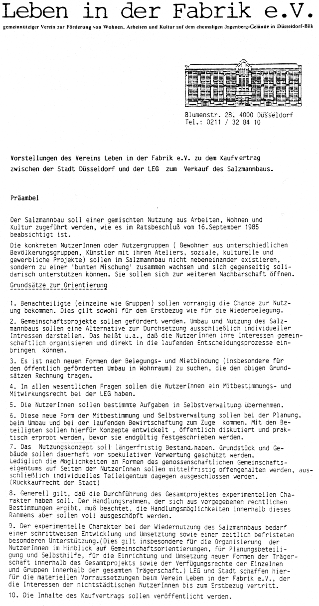 Vorstellungen des Vereins Leben in der Fabrik e.V. zu dem Kaufvertrag zwischen der Stadt Dsseldorf und der LEG zum Verkauf des Salzmannbaus